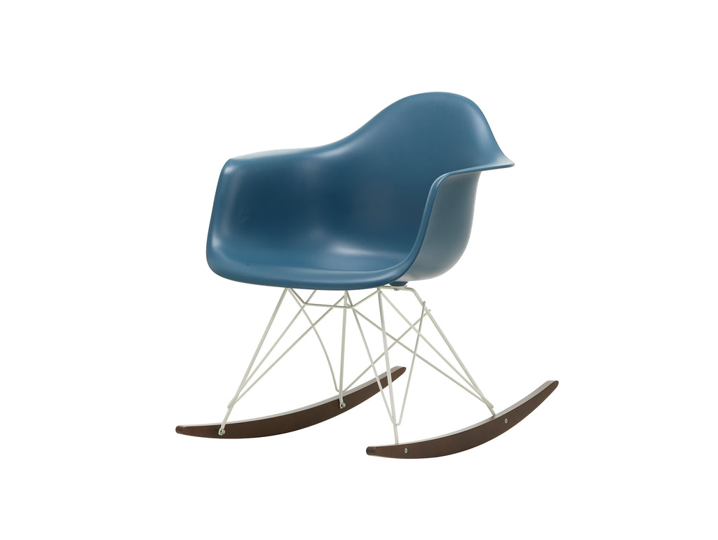 Eames RAR Plastic Armchair in Sea Blue with White Base and Dark Maple Rockers by Vitra