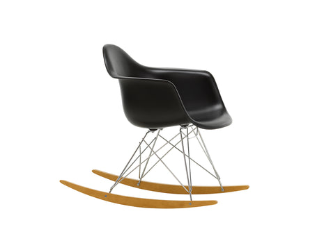 Eames RAR Plastic Armchair in Deep Black with Chrome Base and Golden Maple Rockers by Vitra