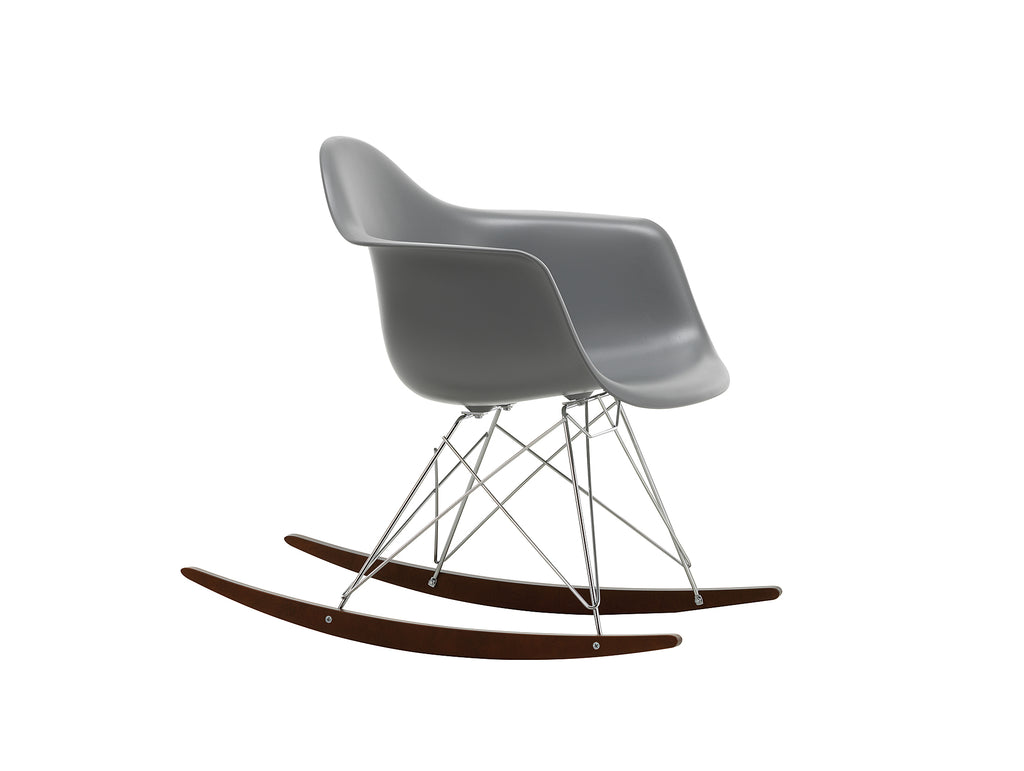 Eames RAR Plastic Armchair in Granite Grey with Chrome Base and Dark Maple Rockers by Vitra