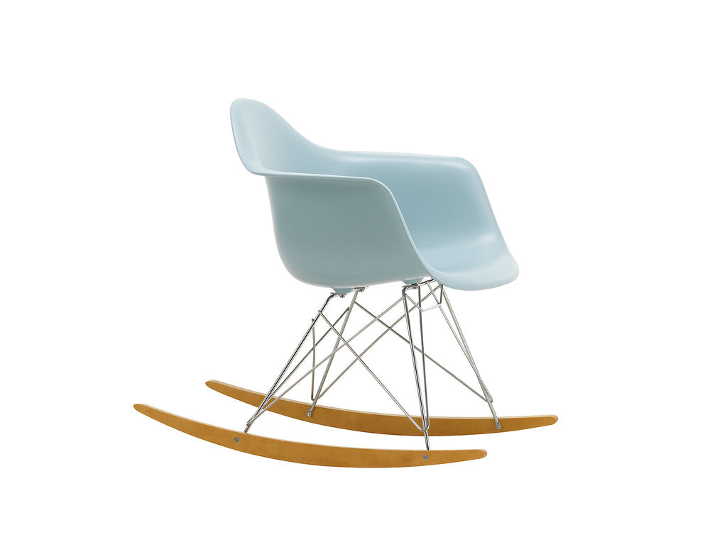 Eames RAR Plastic Armchair in Ice Grey with Chrome Base and Golden Maple Rockers by Vitra