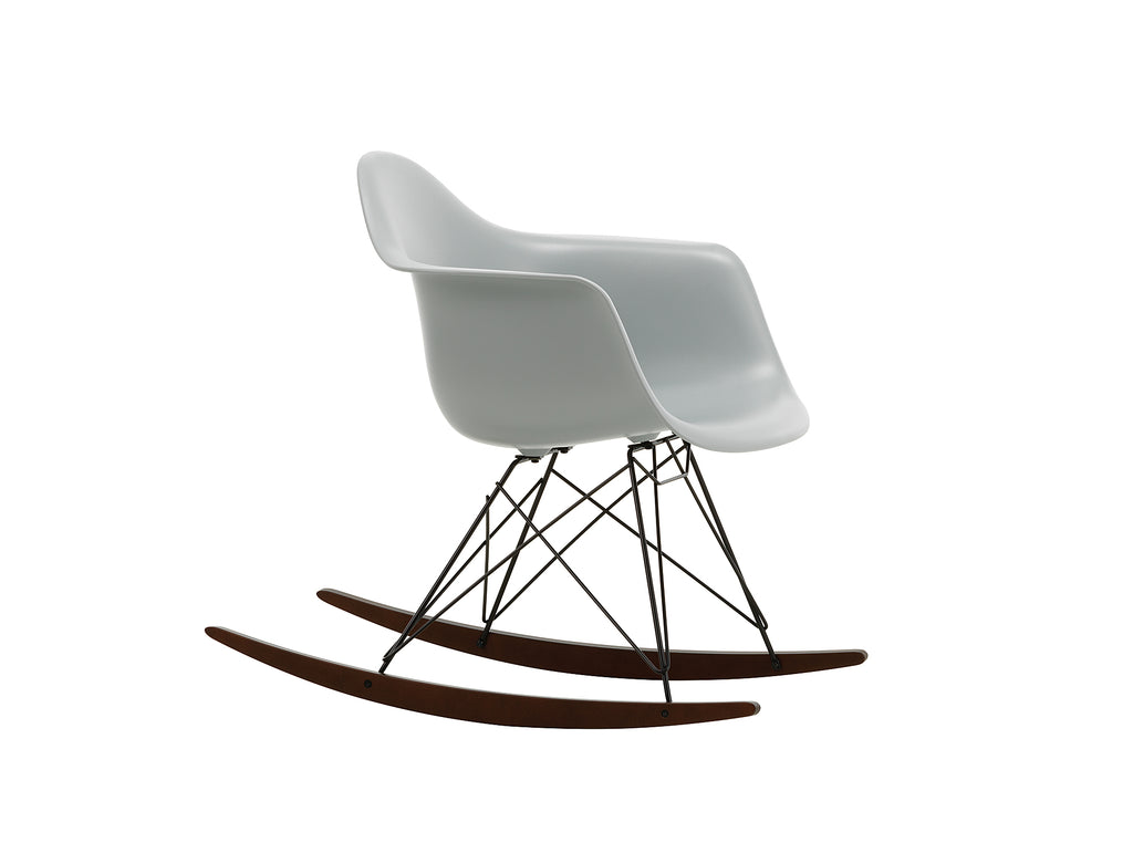 Eames RAR Plastic Armchair in Light Grey with Basic Dark Base and Dark Maple Rockers by Vitra