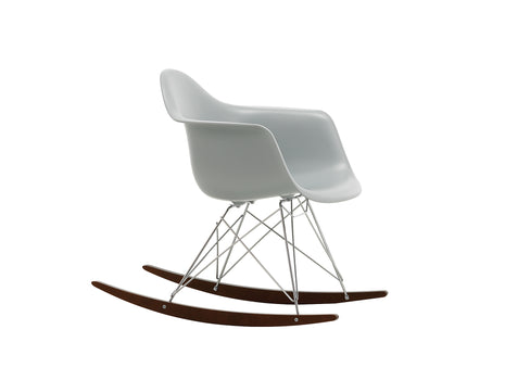 Eames RAR Plastic Armchair in Light Grey with Chrome Base and Dark Maple Rockers by Vitra