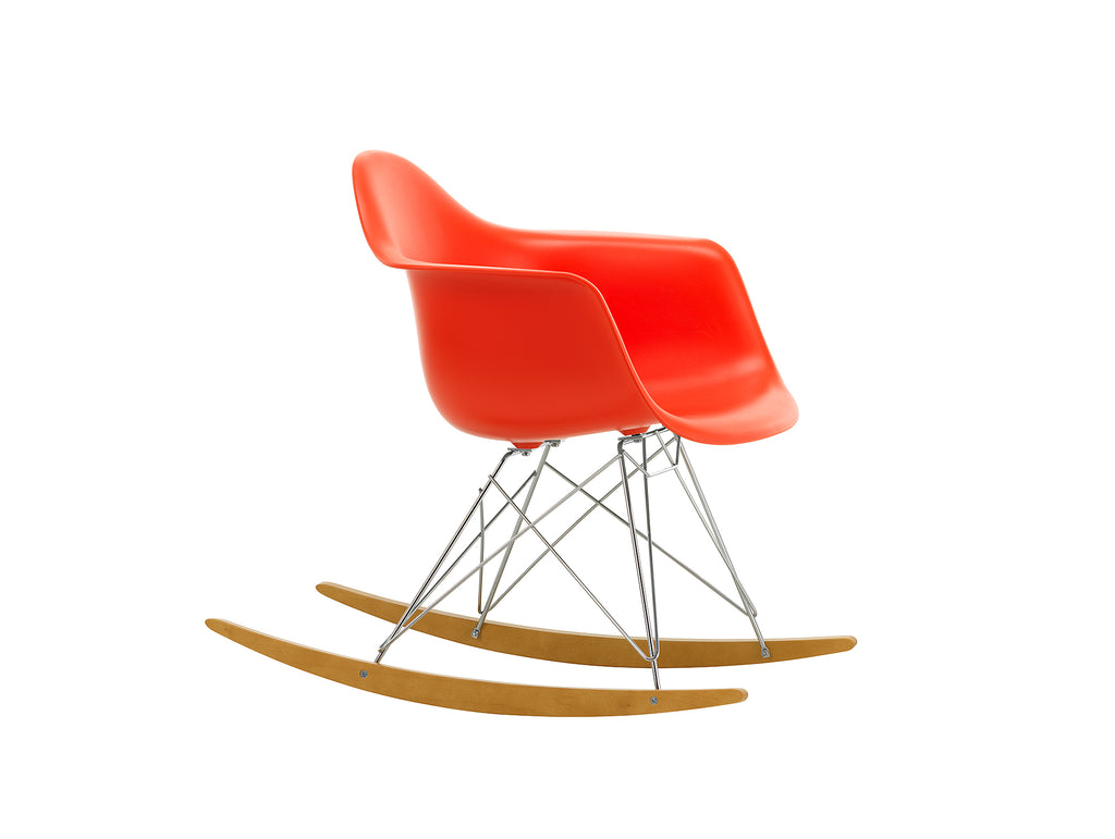 Eames RAR Plastic Armchair in Poppy Red with Chrome Base and Golden Maple Rockers by Vitra