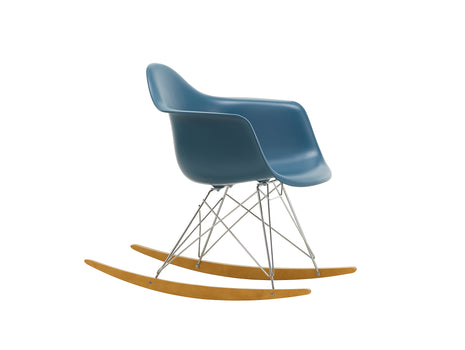 Eames RAR Plastic Armchair in Sea Blue with Chrome Base and Golden Maple Rockers by Vitra
